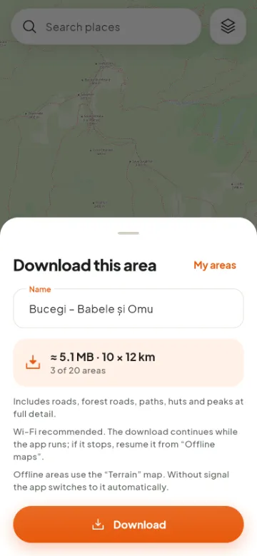 Downloading a map area for use with no signal