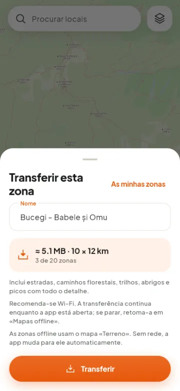 Transferência de uma zona de mapa para usar sem rede