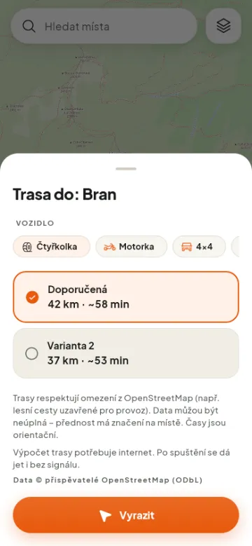 Výběr vozidla a varianty trasy do Branu