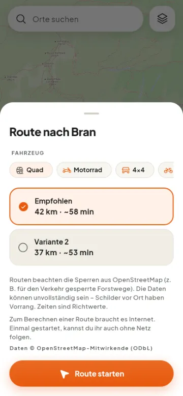 Fahrzeug und Routenvariante nach Bran wählen