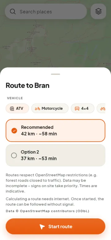 Choosing the vehicle and the route option to Bran