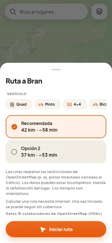 Elección del vehículo y de la opción de ruta a Bran