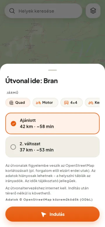Jármű és útvonalváltozat kiválasztása Törcsvár felé