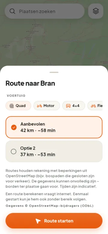Voertuig en routeoptie naar Bran kiezen