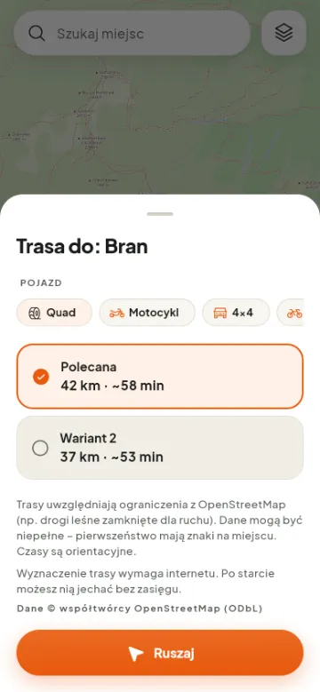 Wybór pojazdu i wariantu trasy do Bran