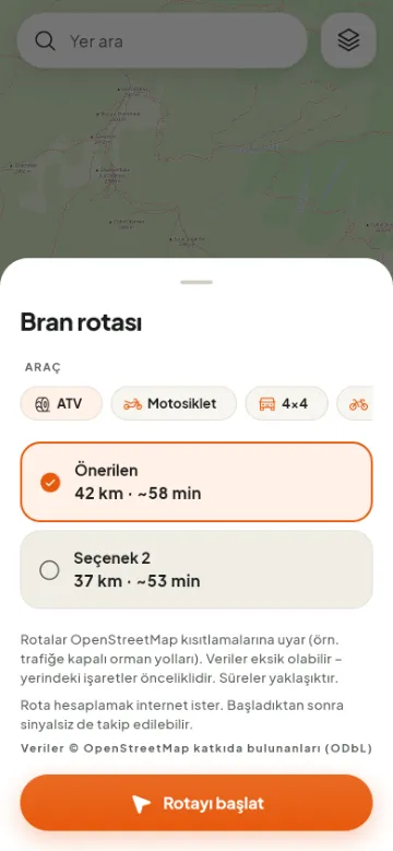 Araç ve Bran'a giden rota seçeneğinin seçilmesi