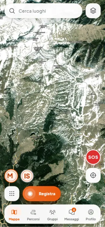 Mappa satellitare con sentieri e vette dei Bucegi