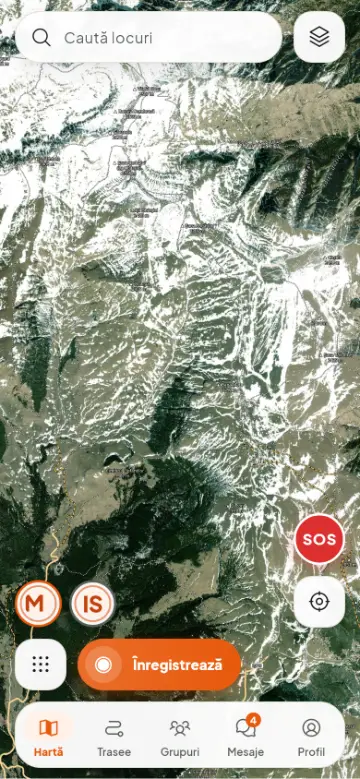 Harta din satelit cu potecile și vârfurile din Bucegi