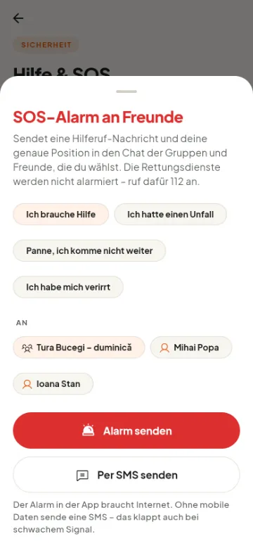 SOS-Alarm an Freunde und Gruppen